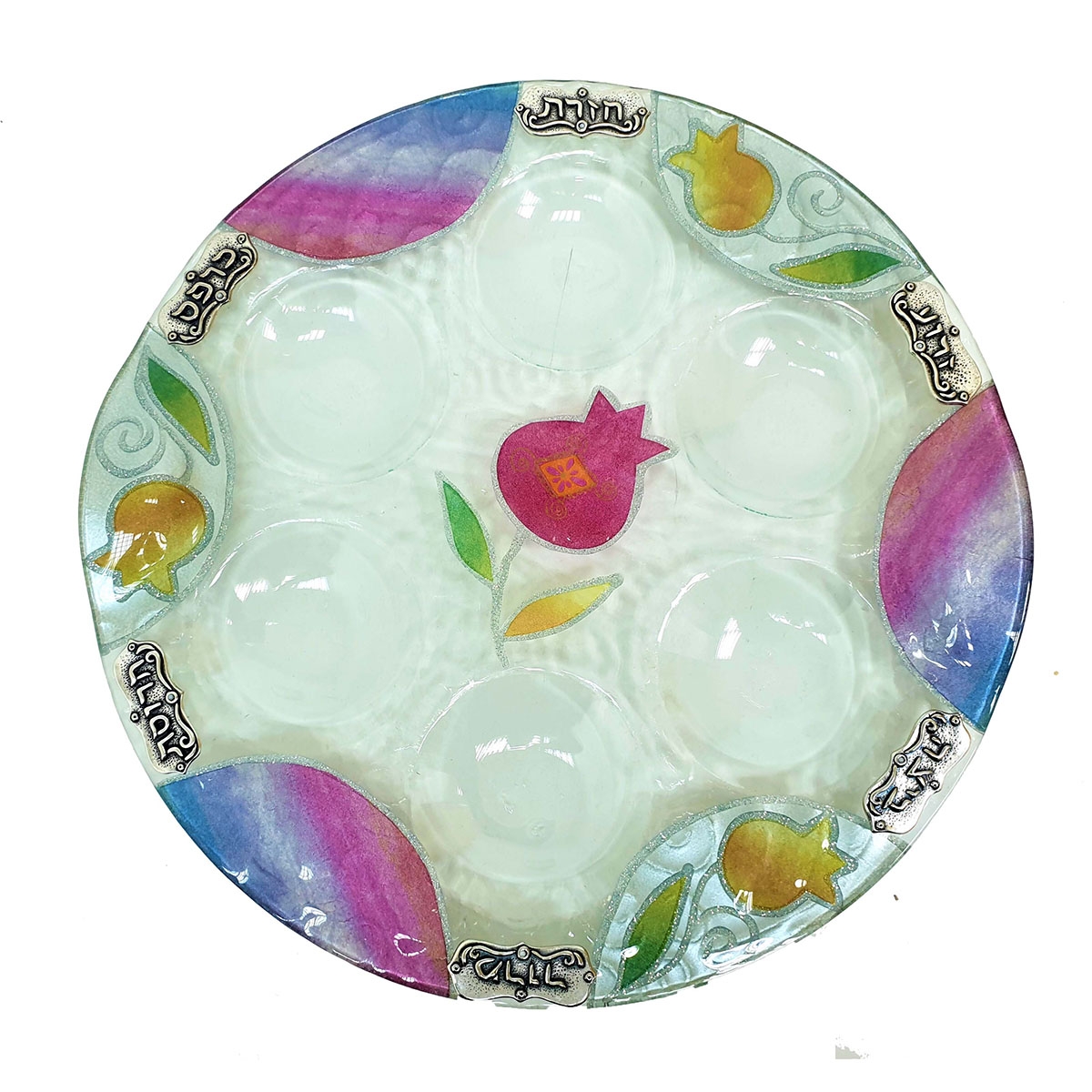 Lily Art Hand-Painted Glass Seder Plate With Pomegranates - 1