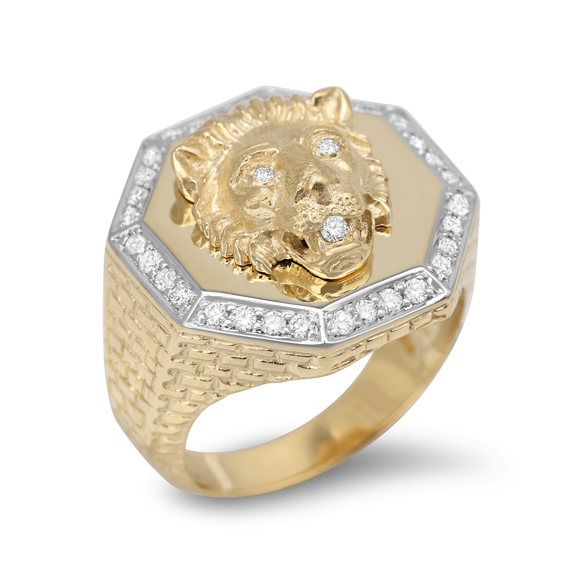 Lion of Judah 14K Gold Men's Ring With White Diamond Halo (Choice of Colors) - 1