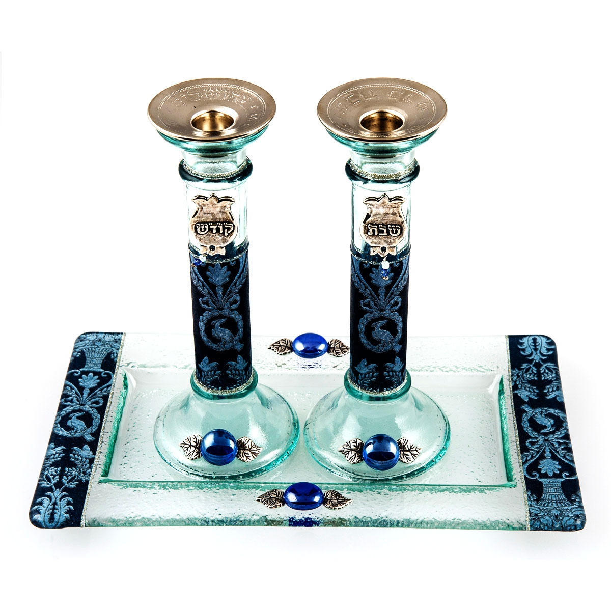 Painted Glass Column Candlesticks with Tray: Pomegranates (Blue). Lily Art - 1