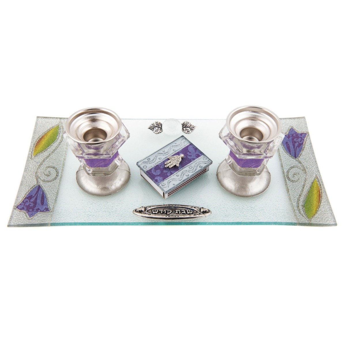 Lily Art Glass Candlesticks with Tray and Matchbox Holder – Purple Tulips - 1