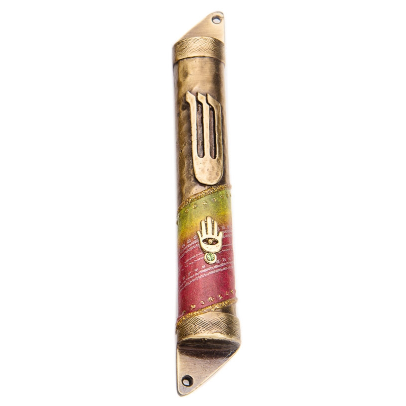Lily Art Brass Mezuzah Case with Hamsa and Shin – Red and Yellow  - 1
