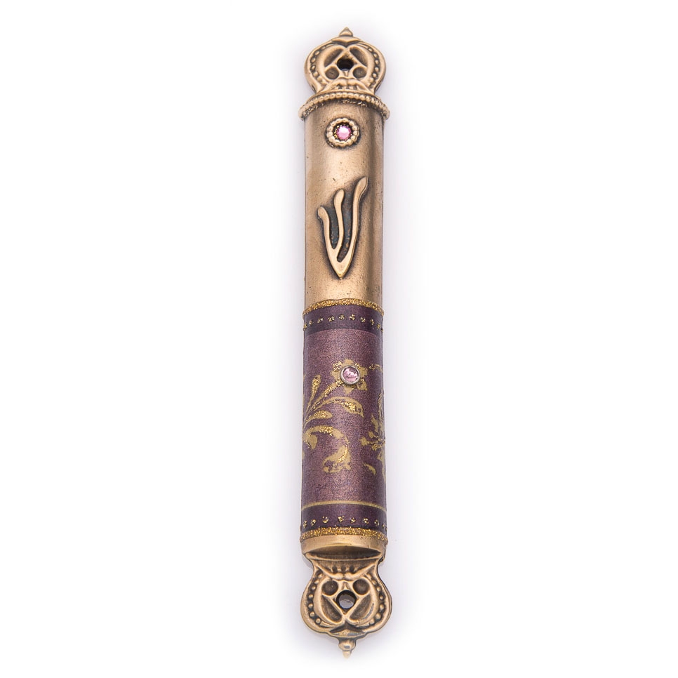 Lily Art Purple and Gold Crown Mezuzah Case with Shin  - 1
