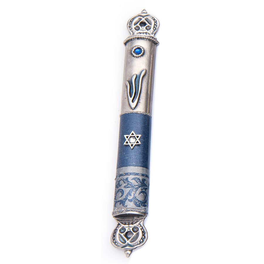 Lily Art Blue Star of David Crown Pewter Mezuzah Case with Shin  - 1