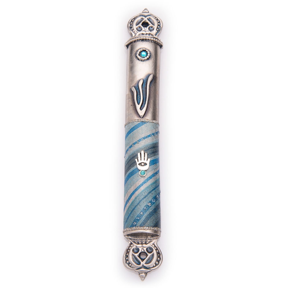 Lily Art Light Blue Hamsa and Crown Mezuzah Case with Shin  - 1