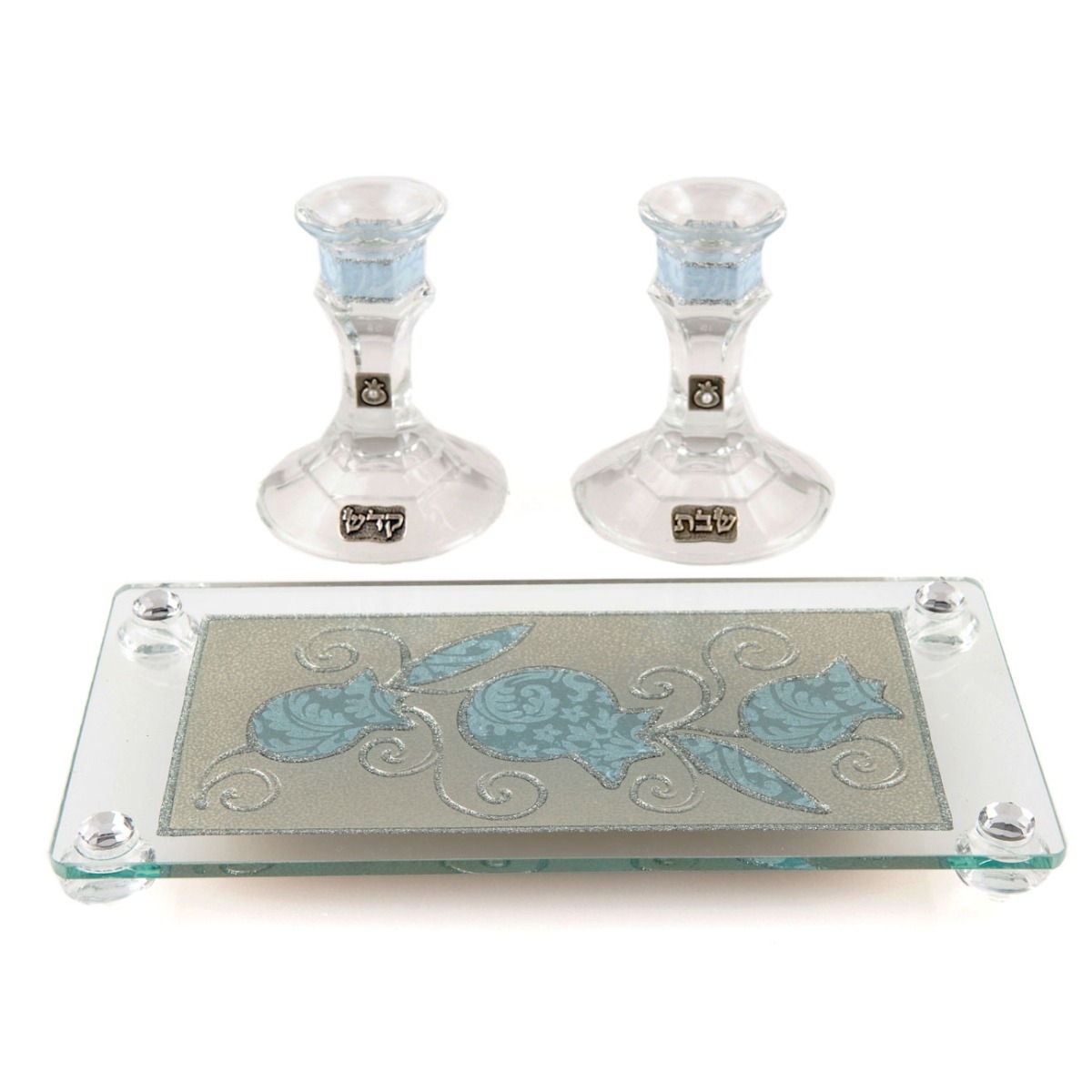 Lily Art Painted Crystal Candlesticks with Tray – Light Blue Pomegranates - 1