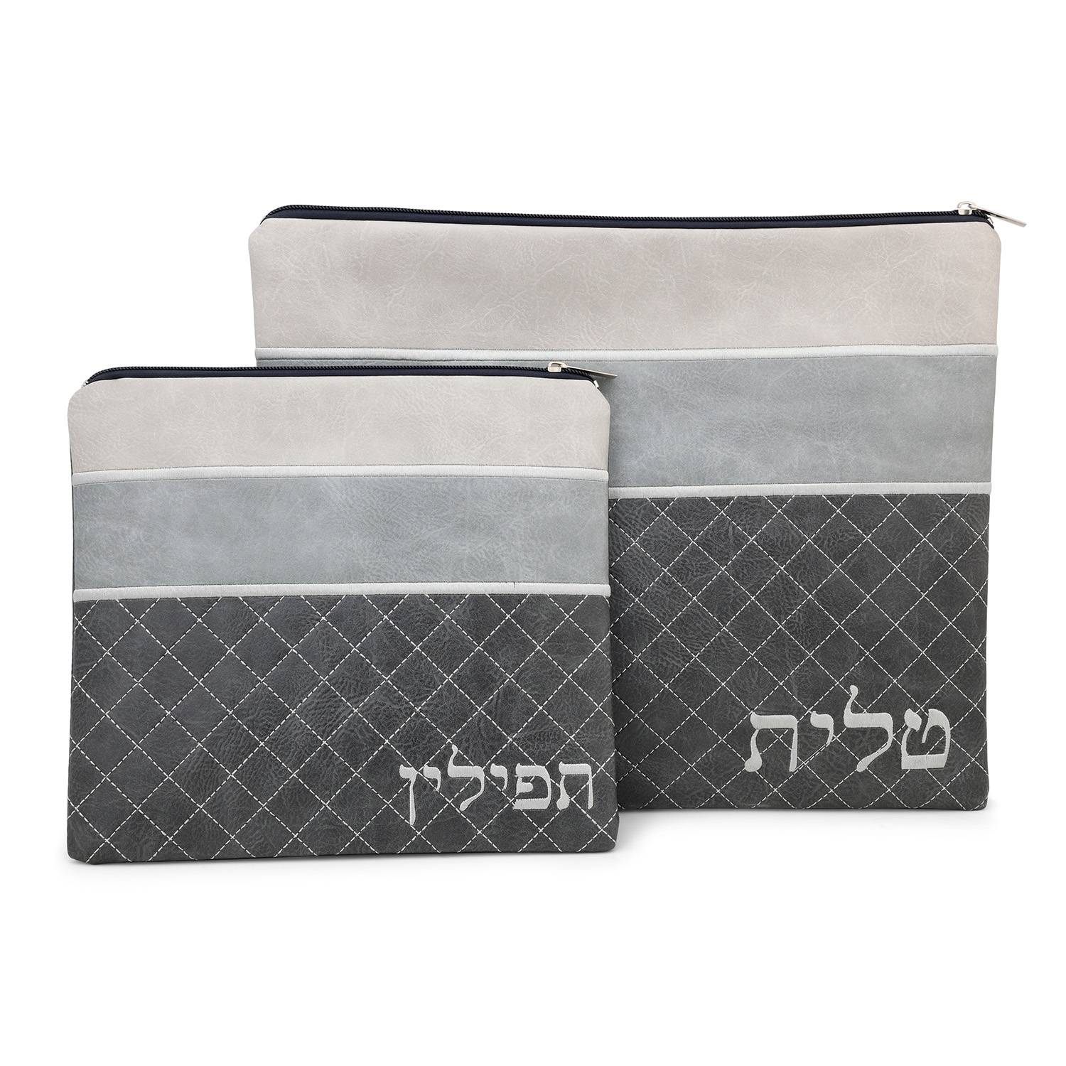 Faux Leather Blends of Different Gray Tallit & Tefillin Bag Set with Diamond Pattern - 1
