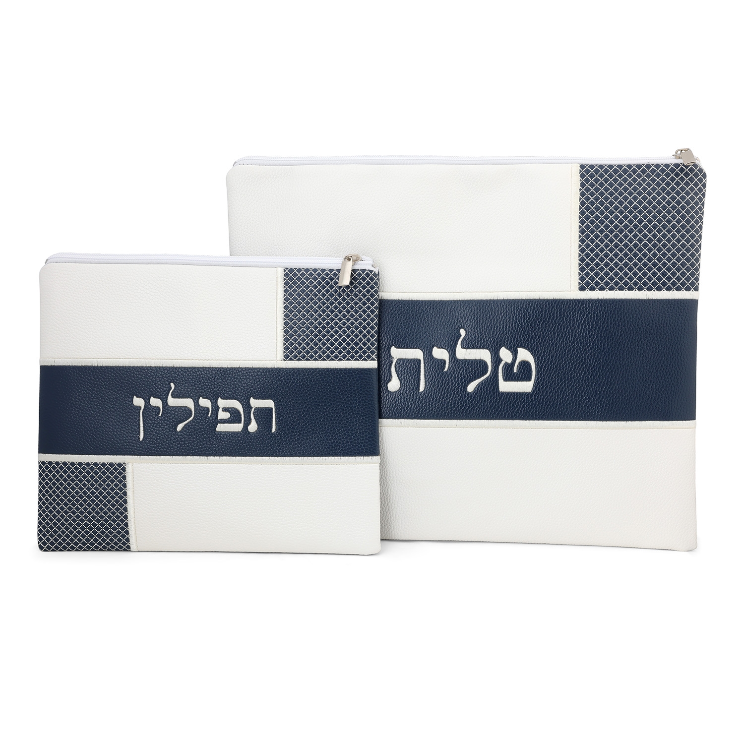 Faux Leather White and Blue Tallit & Tefillin Bag Set - 1