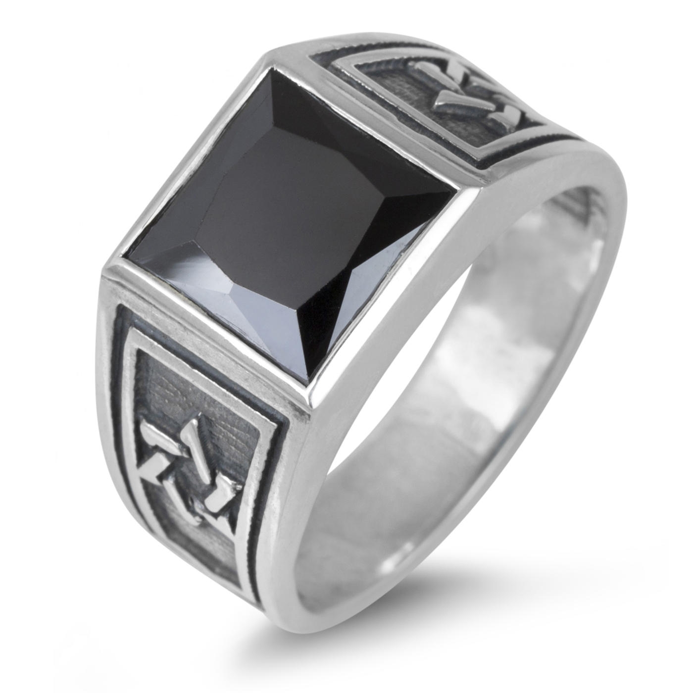 Sterling Silver and Onyx Men's Star of David College Ring - Square - 1