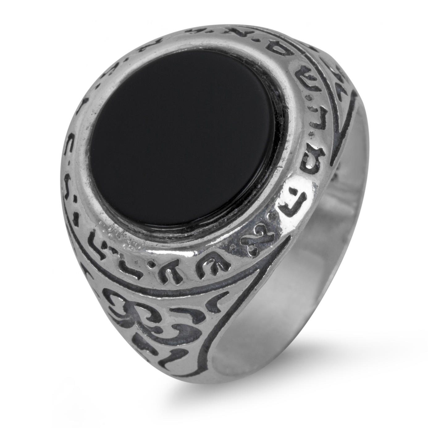 Sterling Silver Ring with Kabbalistic Names of God and Large Onyx - 1