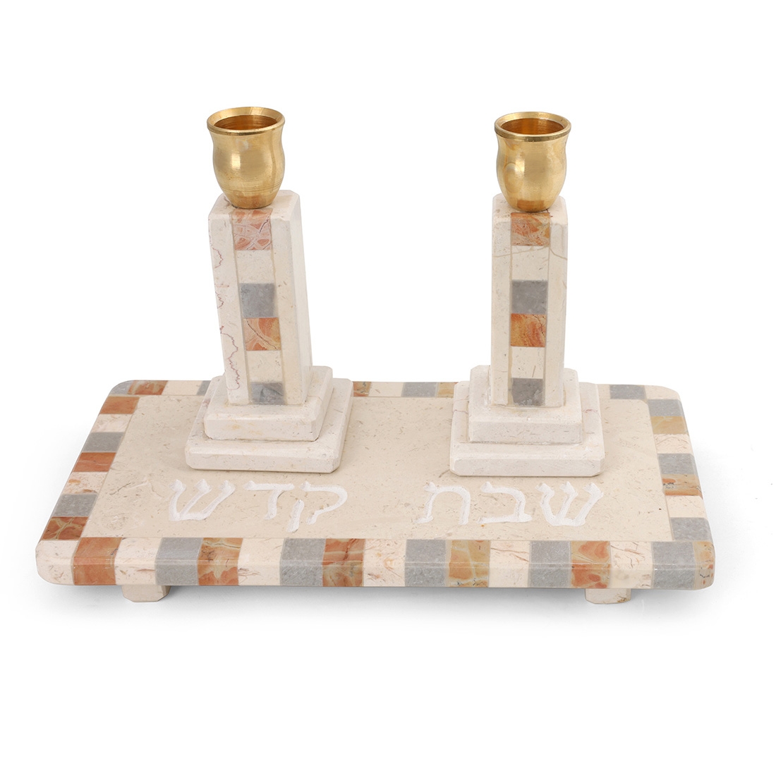 Mosaic Jerusalem Stone Three-Piece Shabbat Candlesticks Set - 1