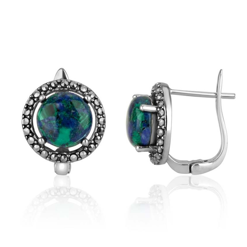 Marina Jewelry Sterling Silver Eilat Stone Stud Earrings with Marcasite Border - 1