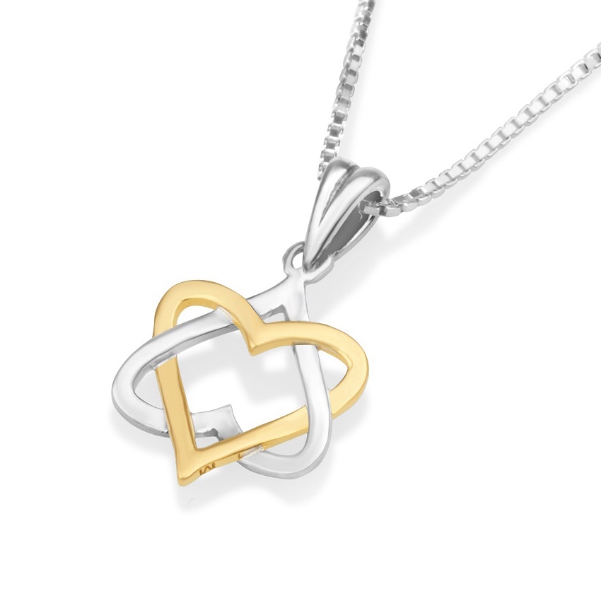 Sterling Silver and Gold Plated Heart Star of David Pendant Necklace - 1