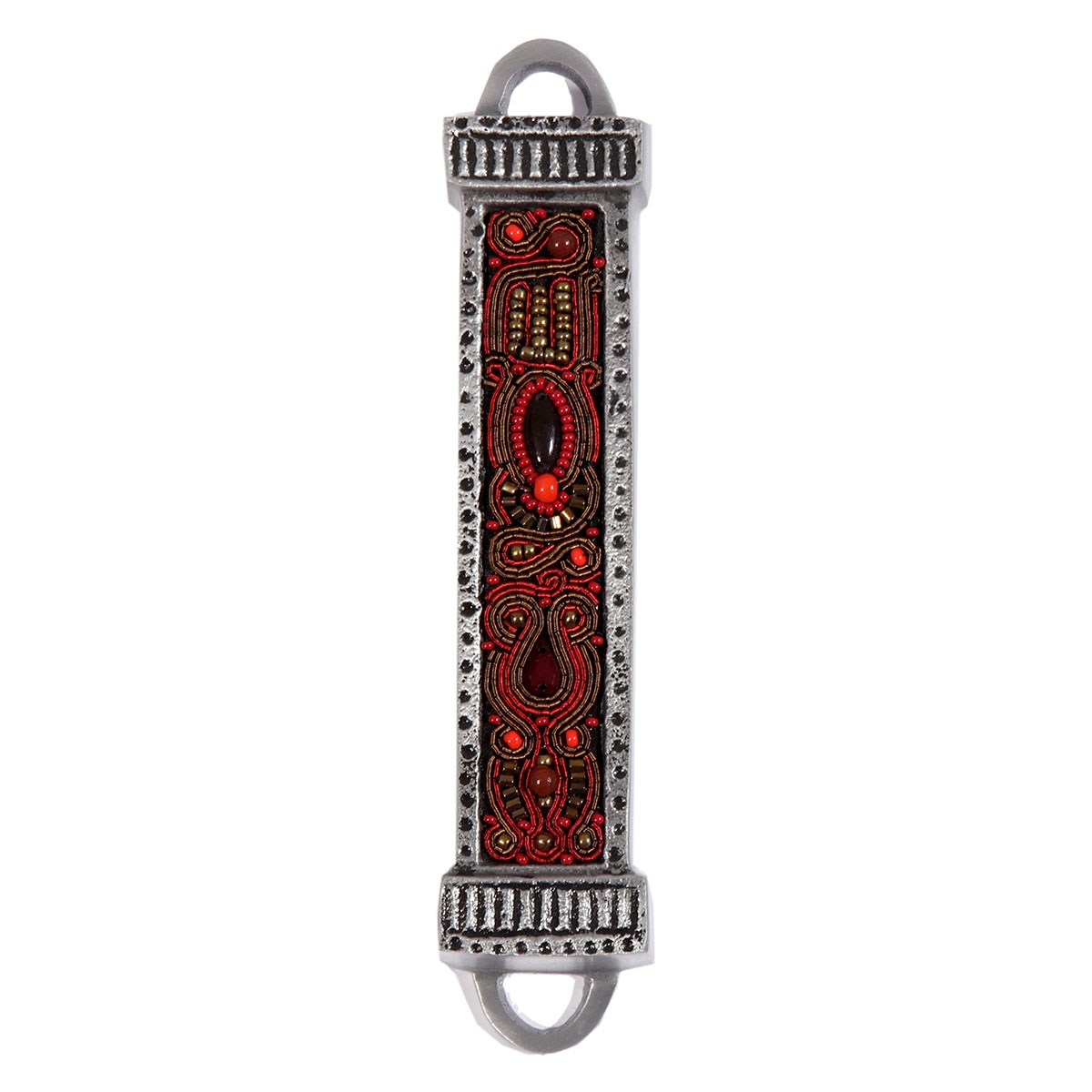  Yair Emanuel Aluminum Mezuzah with Embroidered Beads-Red/Black - 1