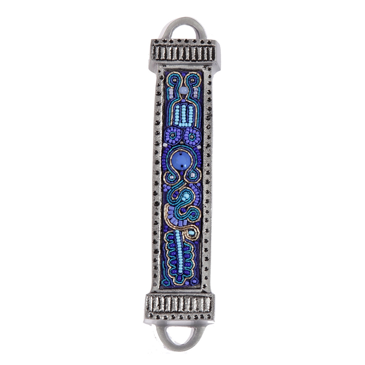 Yair Emanuel Aluminum Mezuzah with Embroidered Beads - Blue/Purple - 1