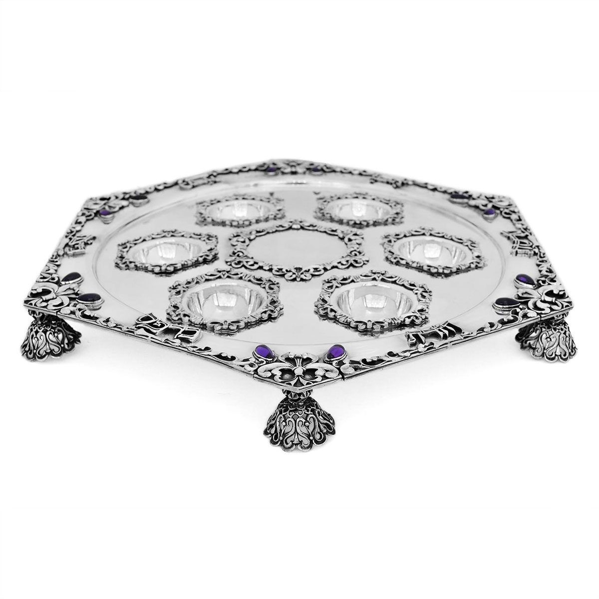 Nadav Art 925 Sterling Silver Seder Plate With Majestic Design and Amethyst Stones - 1