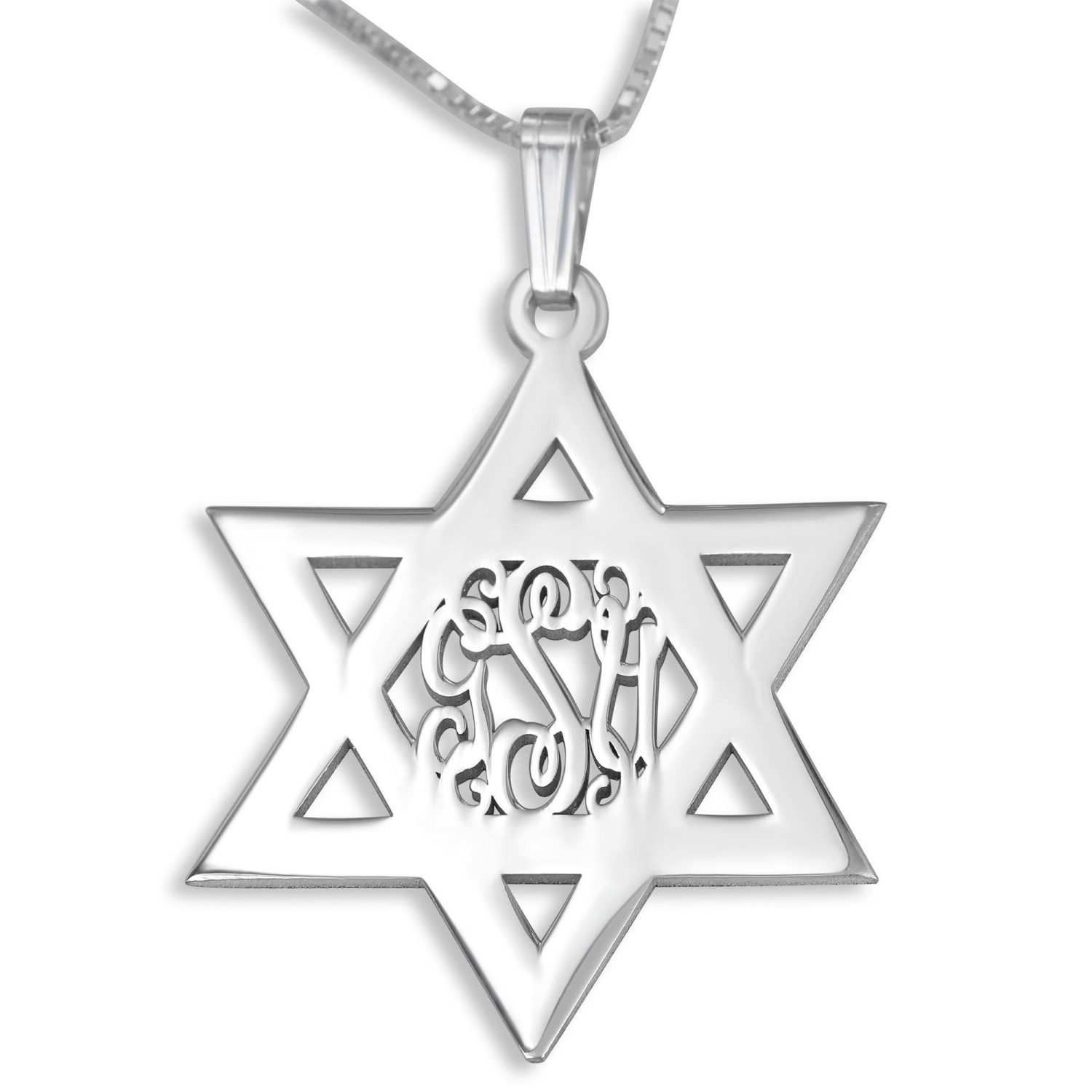 Silver Star of David Monogram Personalized Name Necklace - English/Hebrew - 1