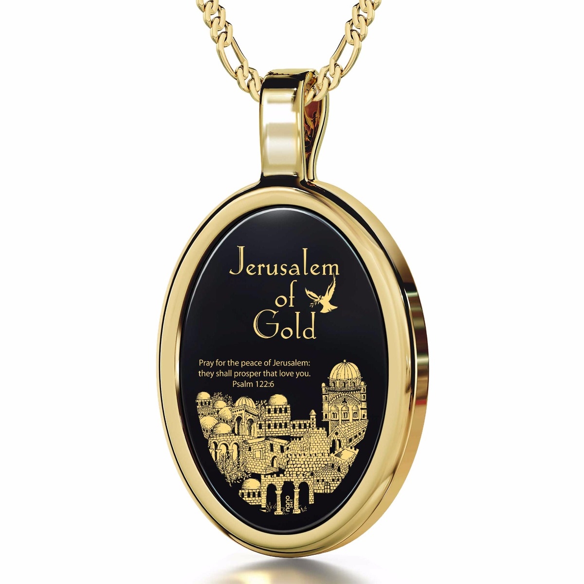 Jerusalem of Gold 24K Gold Plated and Onyx Necklace Micro-Inscribed with 24K Gold  - 1