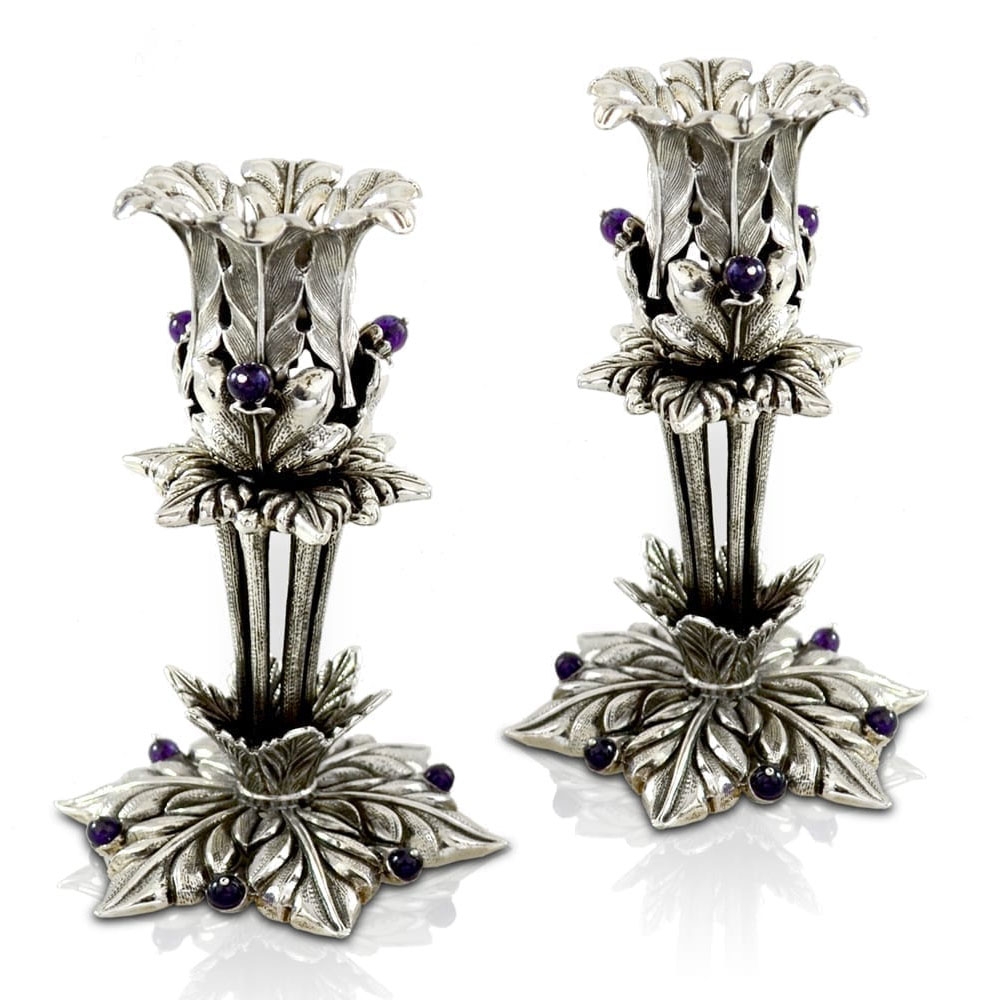 Nadav Art Sterling Silver Flower Candlesticks with Amethyst Stones - 1