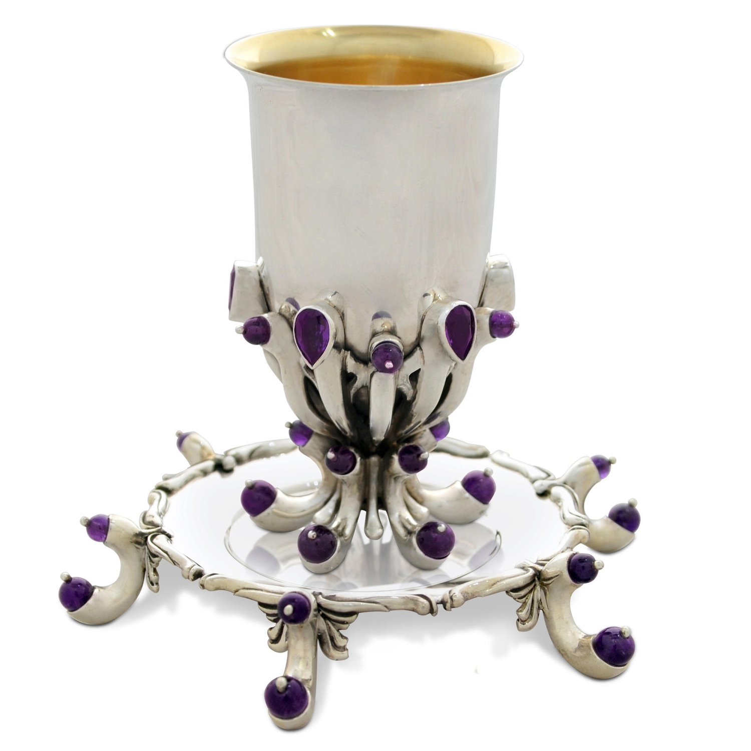 Nadav Art Sterling Silver Kiddush Cup and Tray with Amethysts - 1