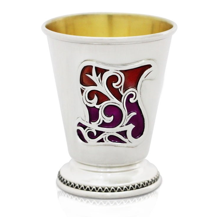 Nadav Art Sterling Silver Kiddush Cup with Red-Purple Enamel - 1