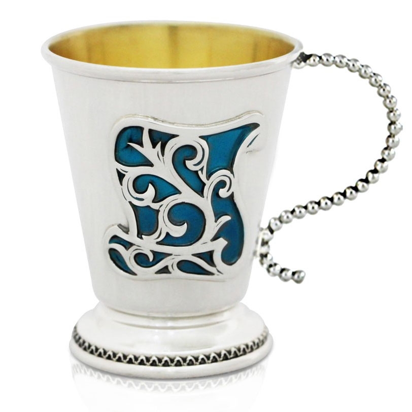 Nadav Art Sterling Silver Kiddush Cup with Blue Enamel and Handle - 1