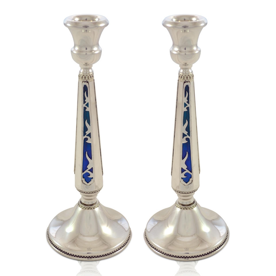 Nadav Art Decorative Sterling Silver Candlesticks with Blue Enamel - 1
