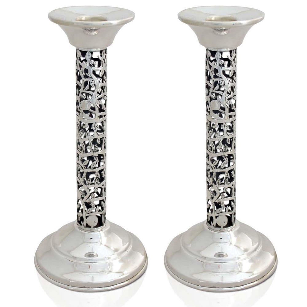 Nadav Art Sterling Silver Shabbat Candlesticks with Branches, Leaves and Pomegranates - 1