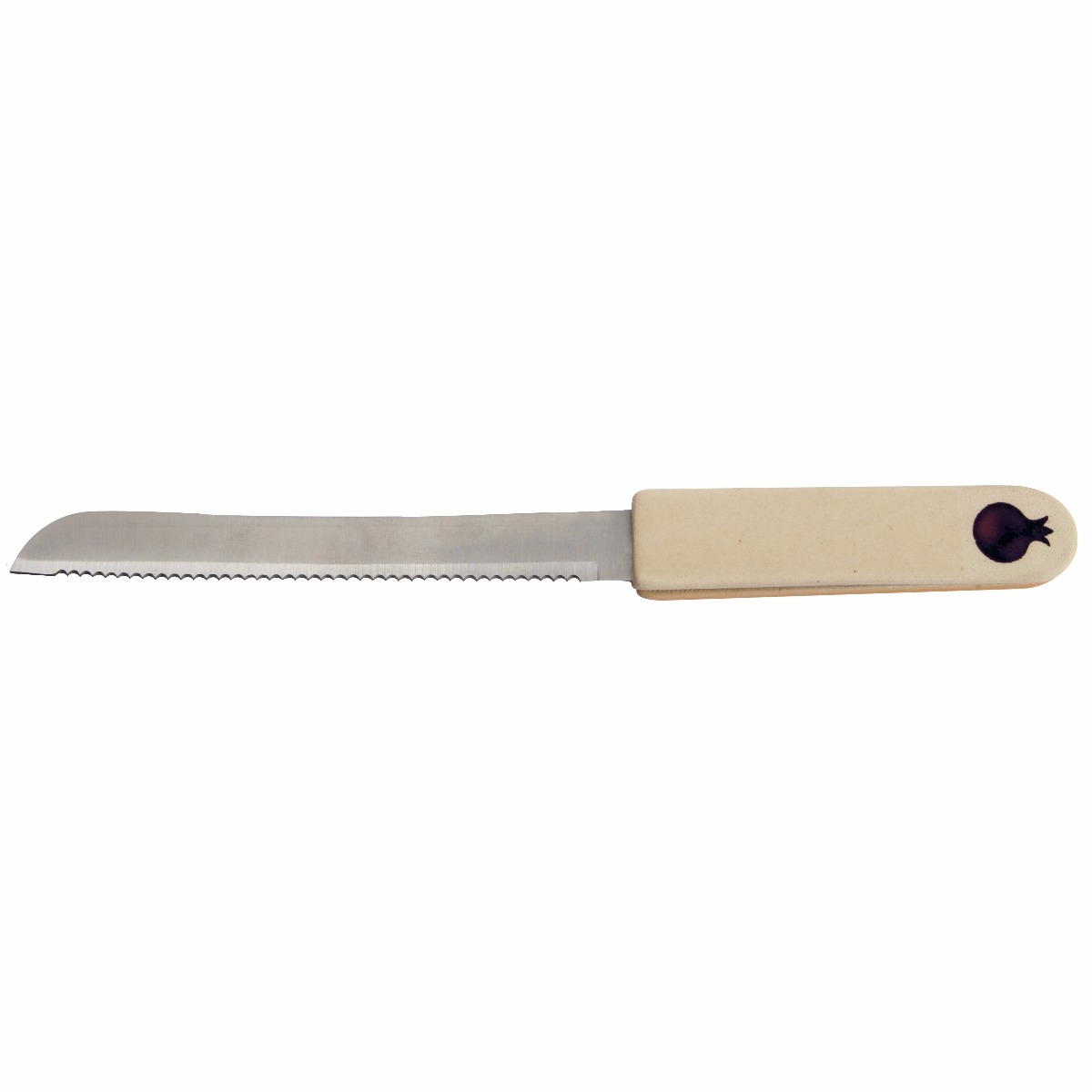 Ceramic and Stainless Steel Challah Knife with White Handle and Pomegranate - 1
