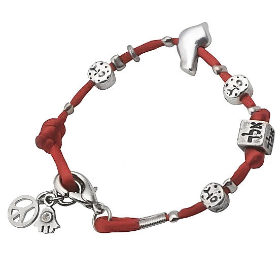  Red Silk Silver Palted Charm Bracelet - Peace - 1