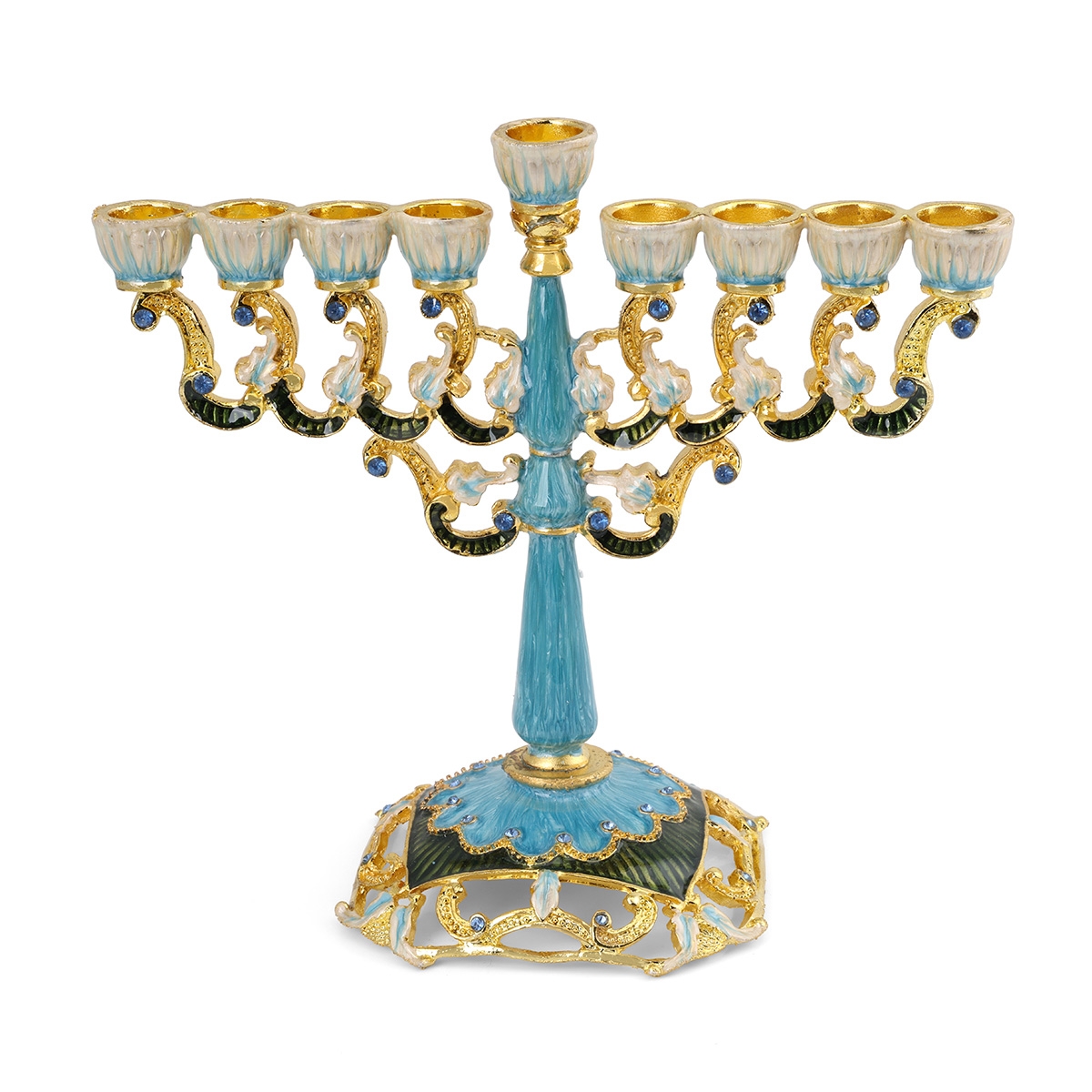 Ornate Enamel Hanukkah Menorah With Rhinestones - 1