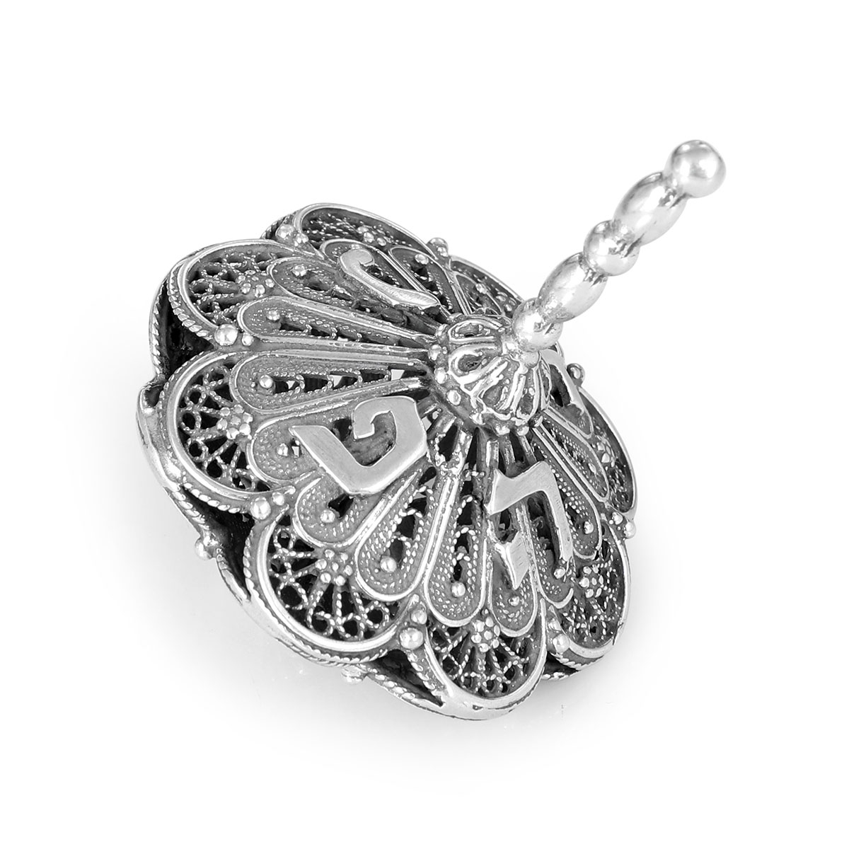 Traditional Yemenite Art Handcrafted Sterling Silver Ornate Rounded Dreidel With Filigree Design - 1