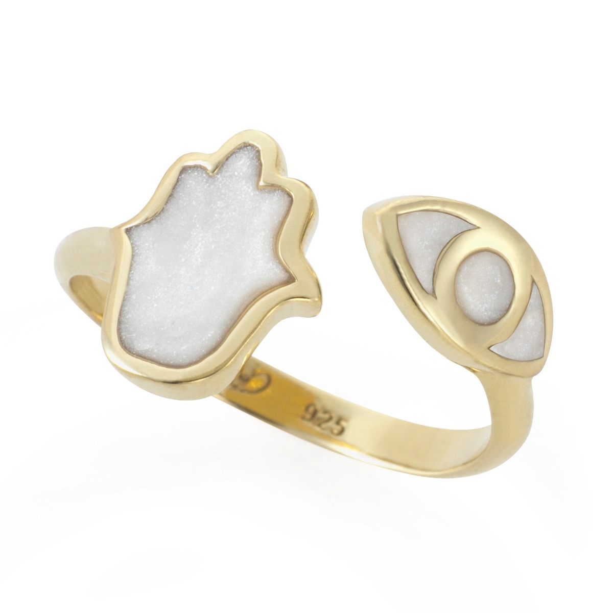 Adina Plastelina 24K Gold Plated Sterling Silver Hamsa and Eye Adjustable Ring – Mother of Pearl - 1