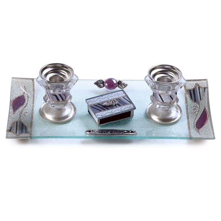 Painted Glass Candlesticks with Tray & Matchbox: Tulips (Purple). Lily Art - 1
