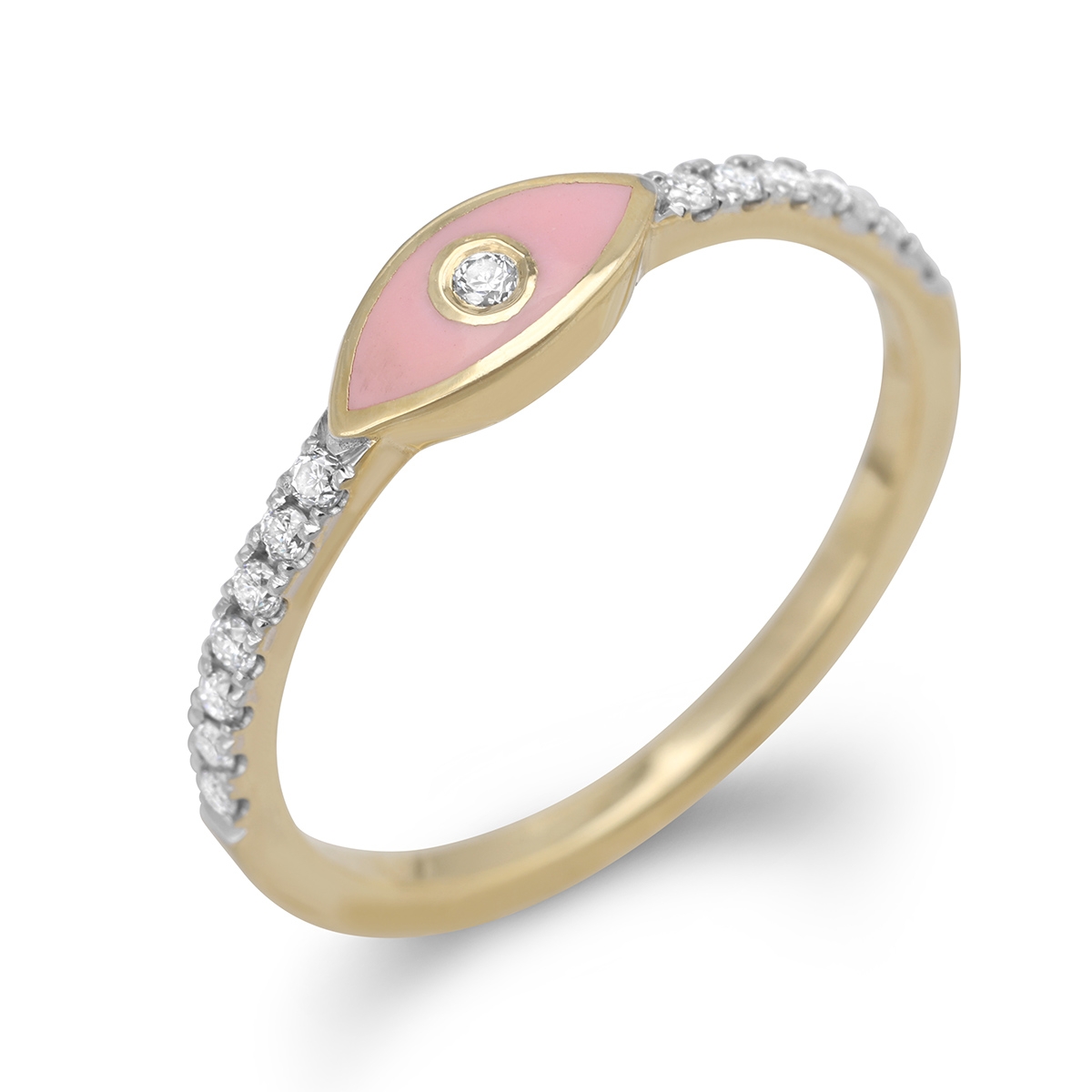 Diamond-Accented Evil Eye 14K Yellow Gold Ring (Pink Enamel) - 1