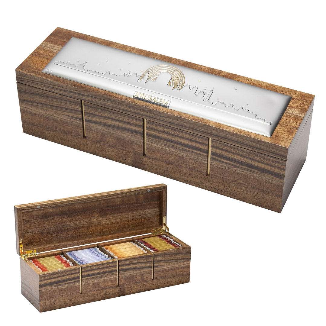 925 Sterling Silver-Plated and Walnut Wood Exclusive Jerusalem At Night Tea Box - 1
