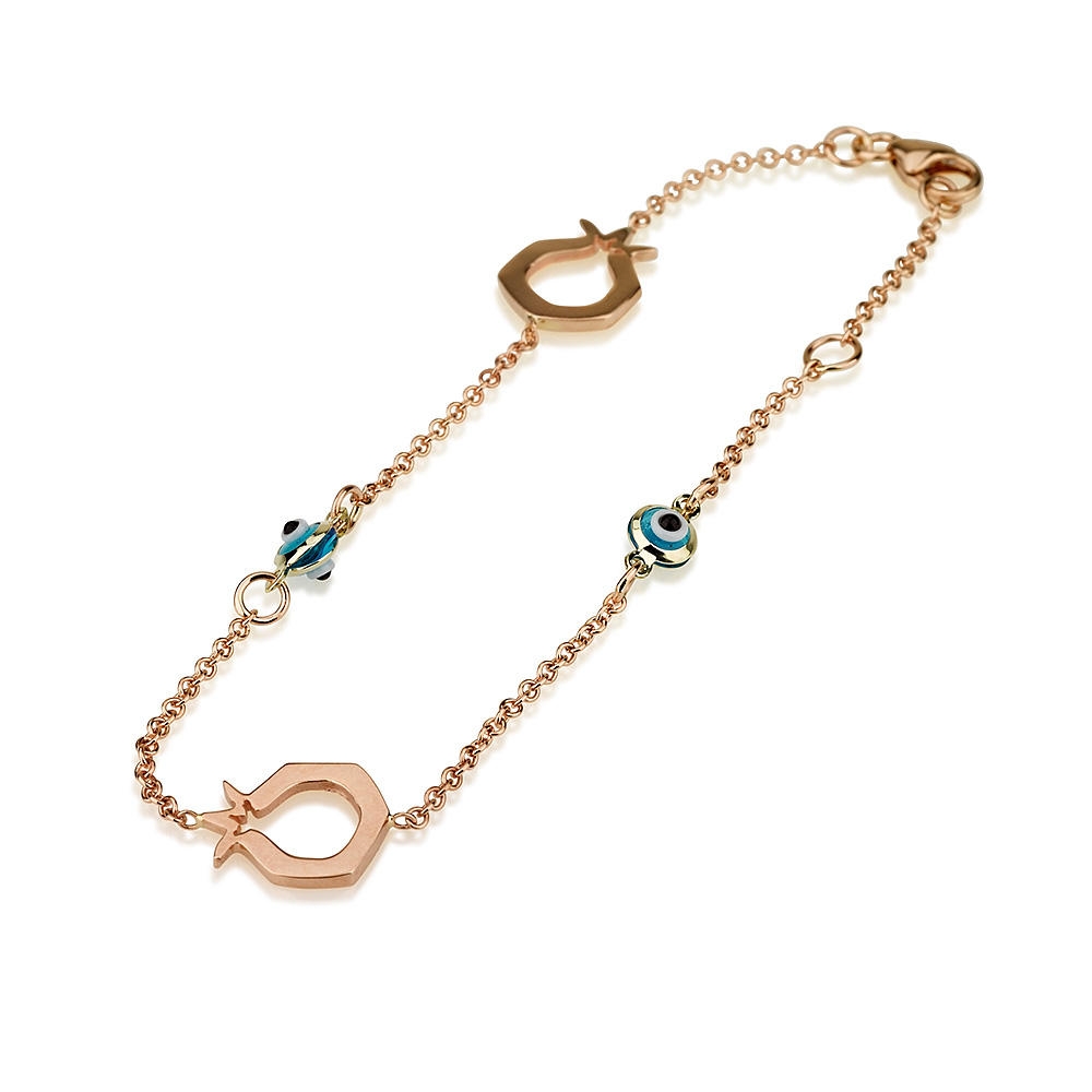 14K Yellow Gold Bracelet with Evil Eye and Pomegranate Charms - 1