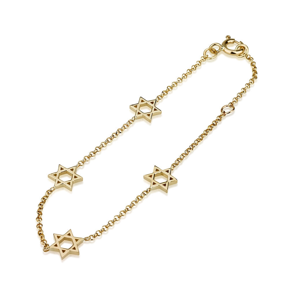 14K Yellow Gold Bracelet with Star of David Charms - 1
