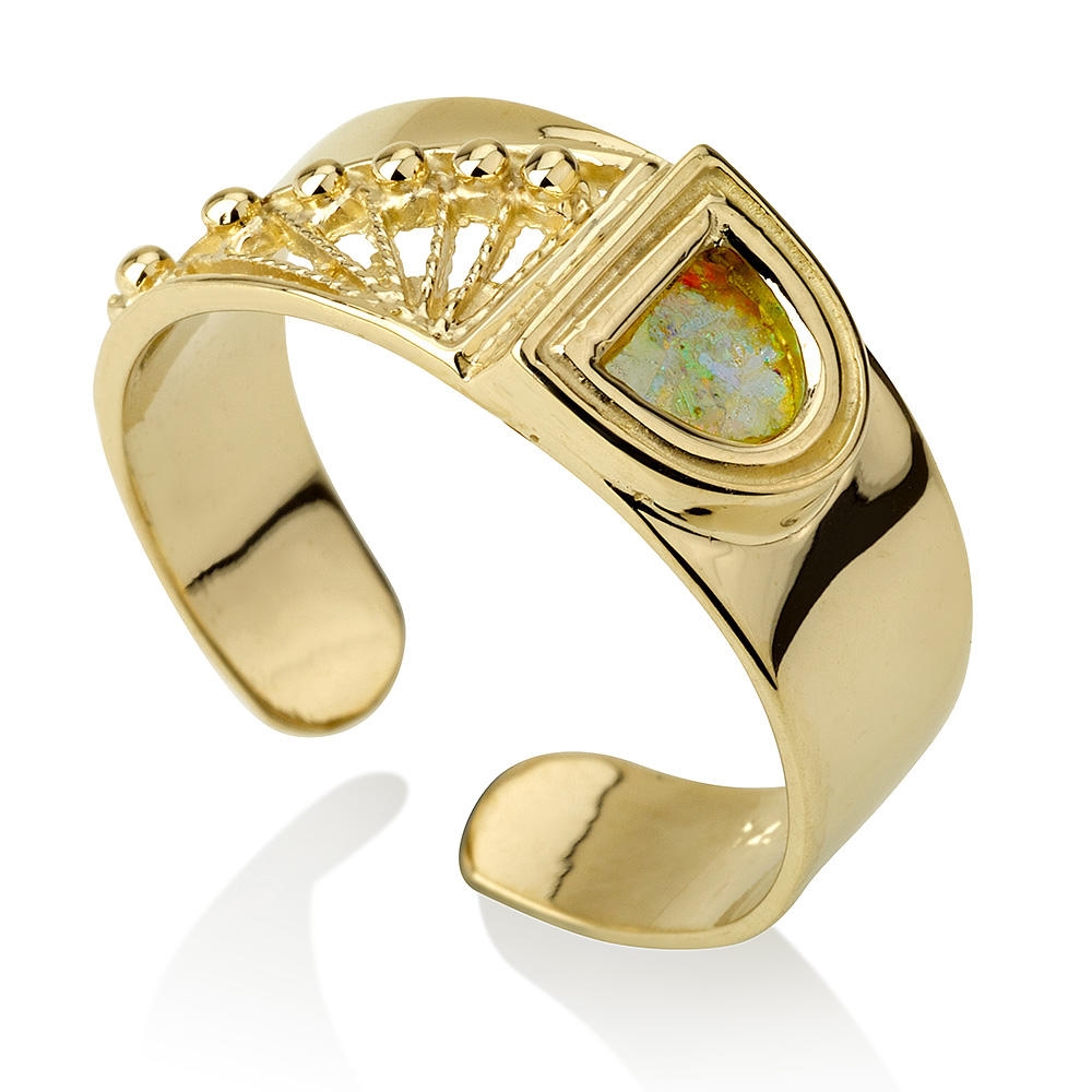 14K Gold Stylized Ring with Roman Glass - 1