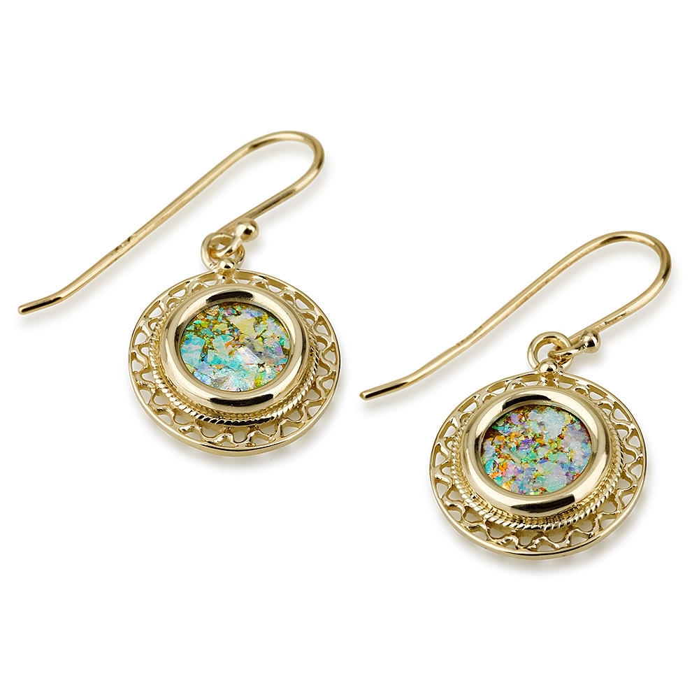 14K Gold Round Roman Glass Earrings - 1