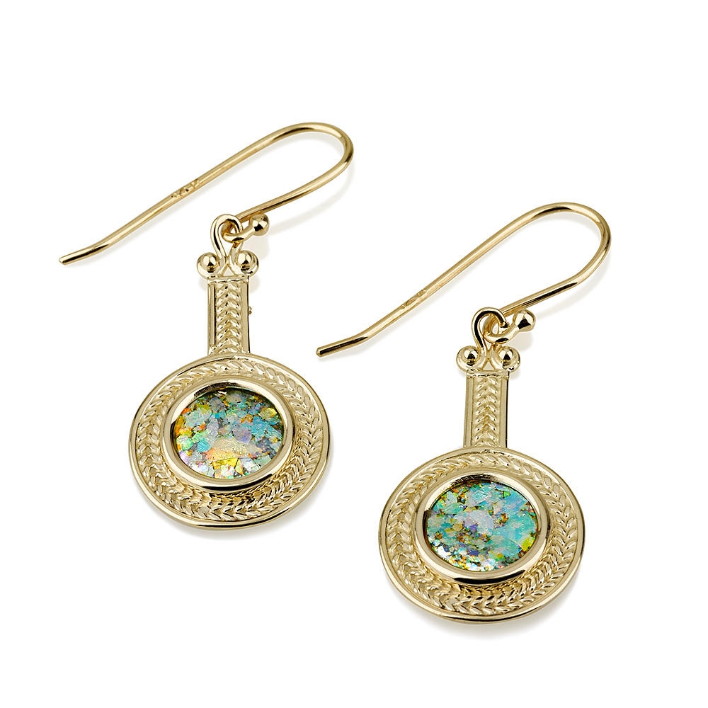 14K Gold Pendulum Roman Glass Earrings - 1