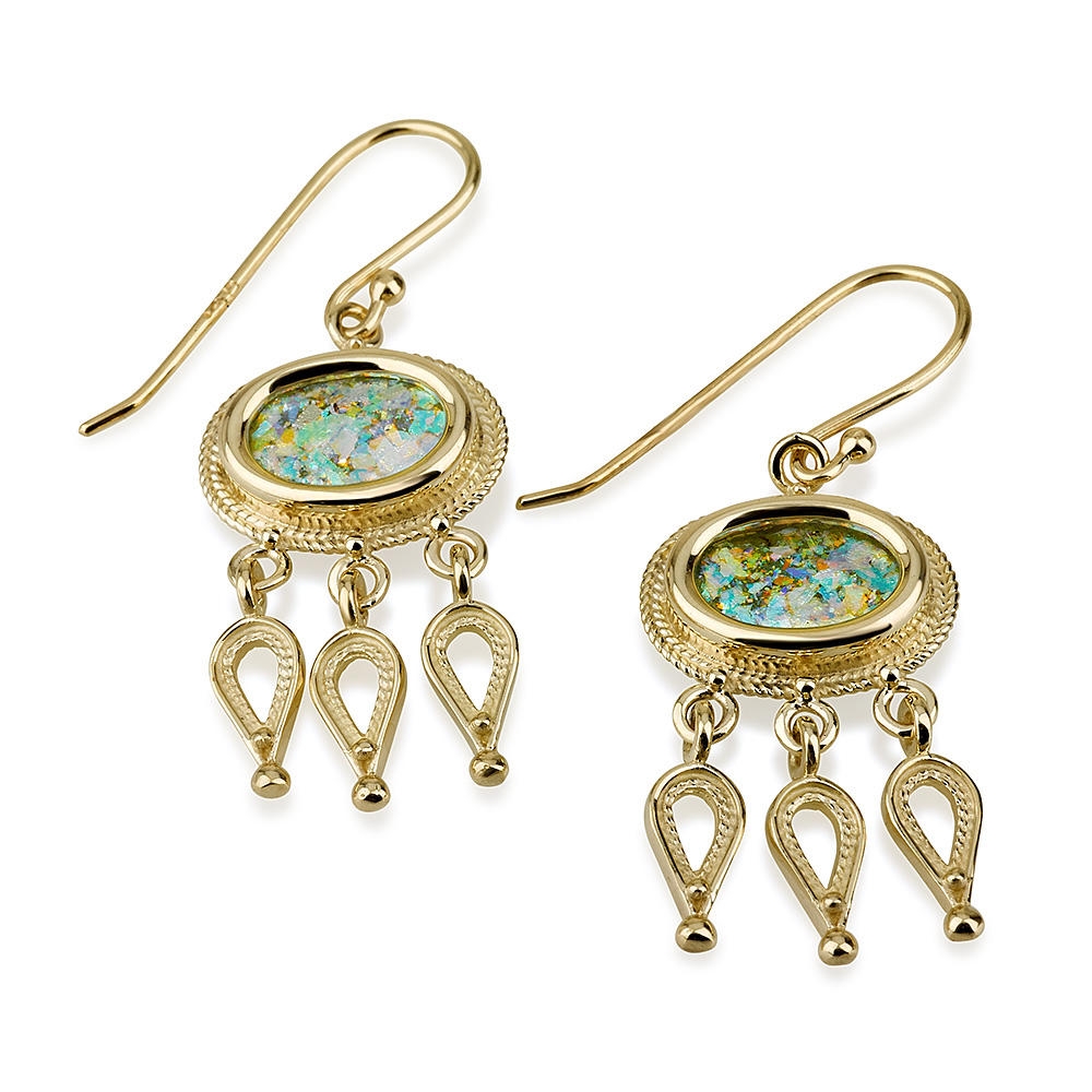 14K Gold Oval Oriental Earrings with Roman Glass and Teardrops - 1