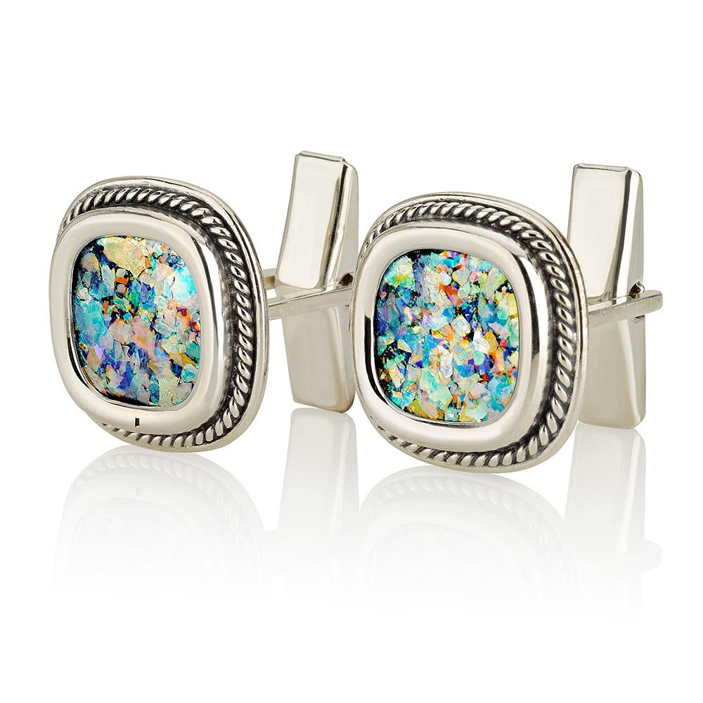925 Sterling Silver Squircle Roman Glass Cufflinks - 1