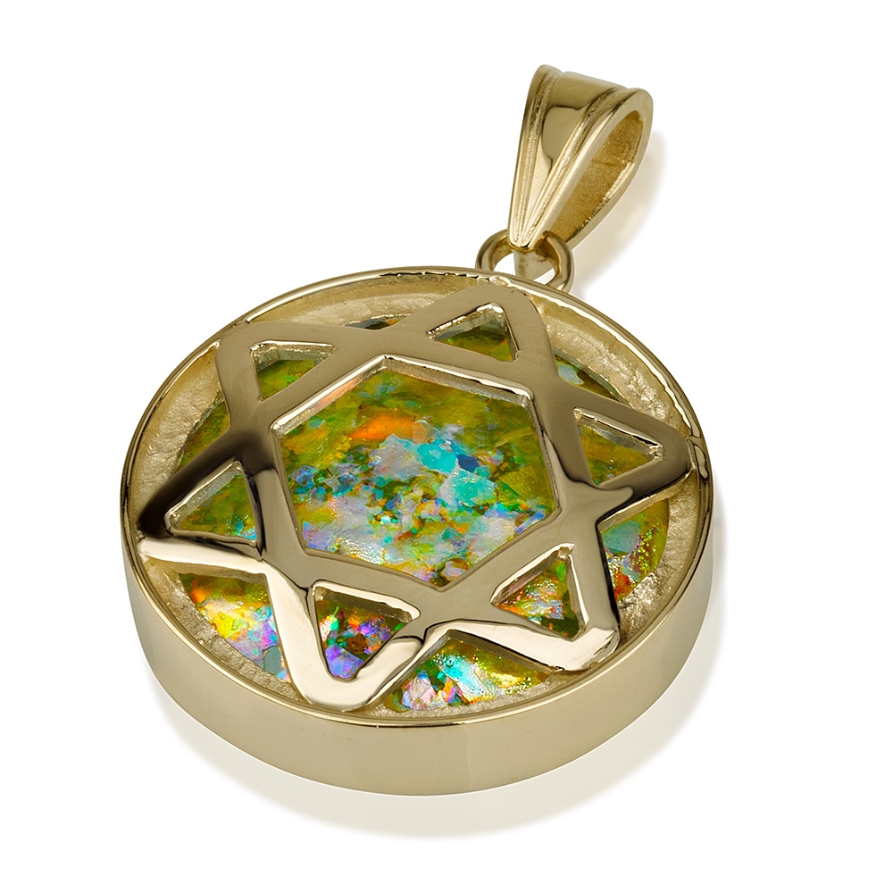 14K Gold and Roman Glass Circle Pendant - Star of David - 1