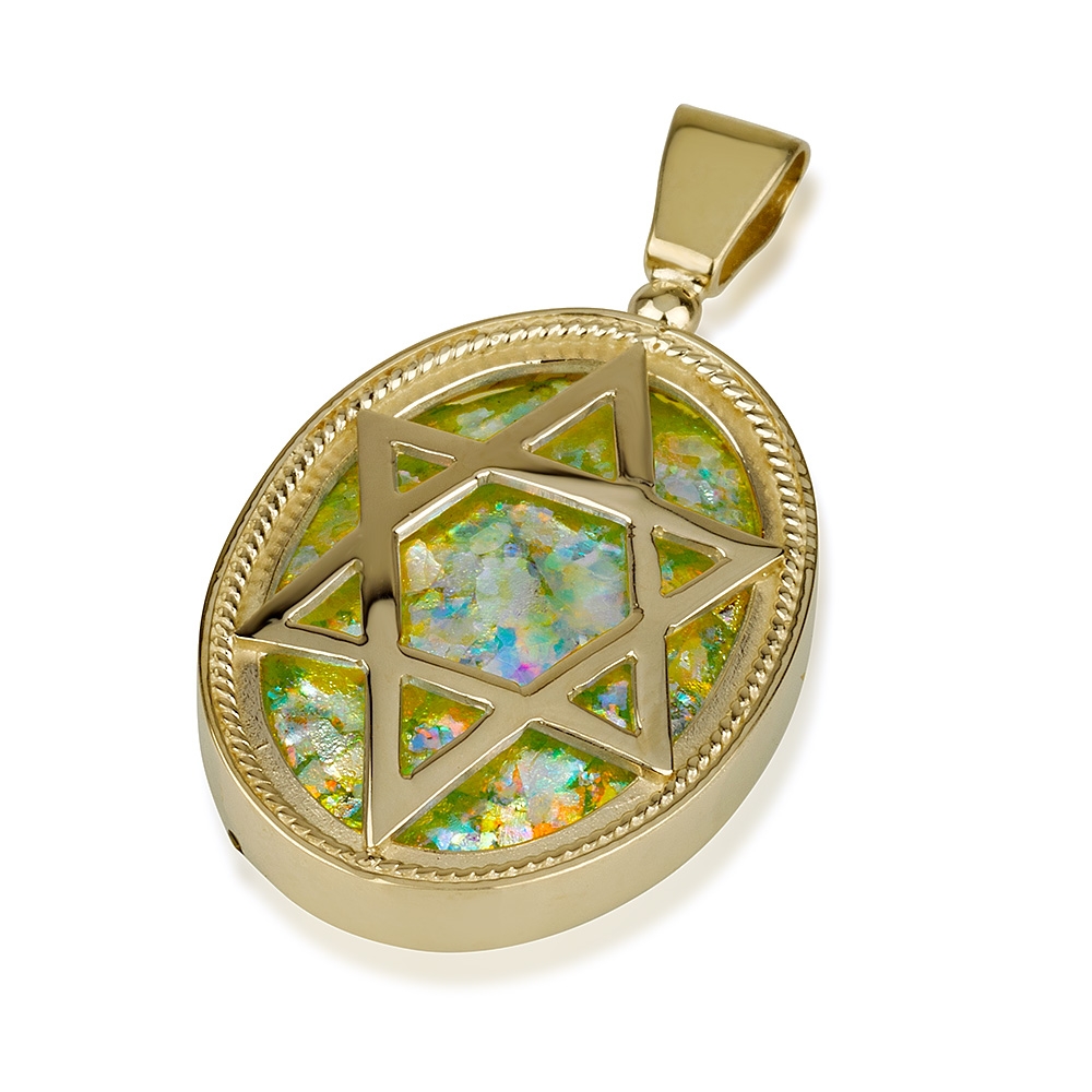 14K Gold and Roman Glass Oval Star of David Pendant - 1