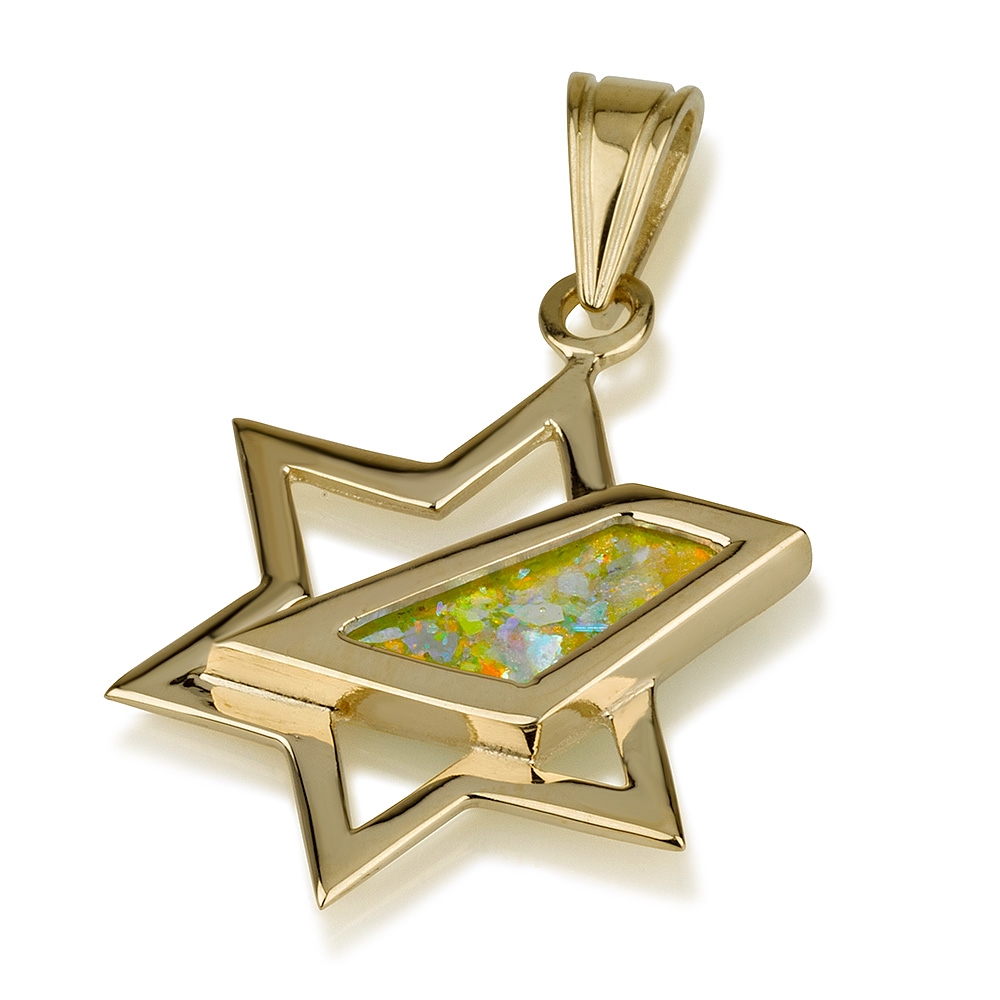 Star of David: 14K Gold and Roman Glass Pendant - 1