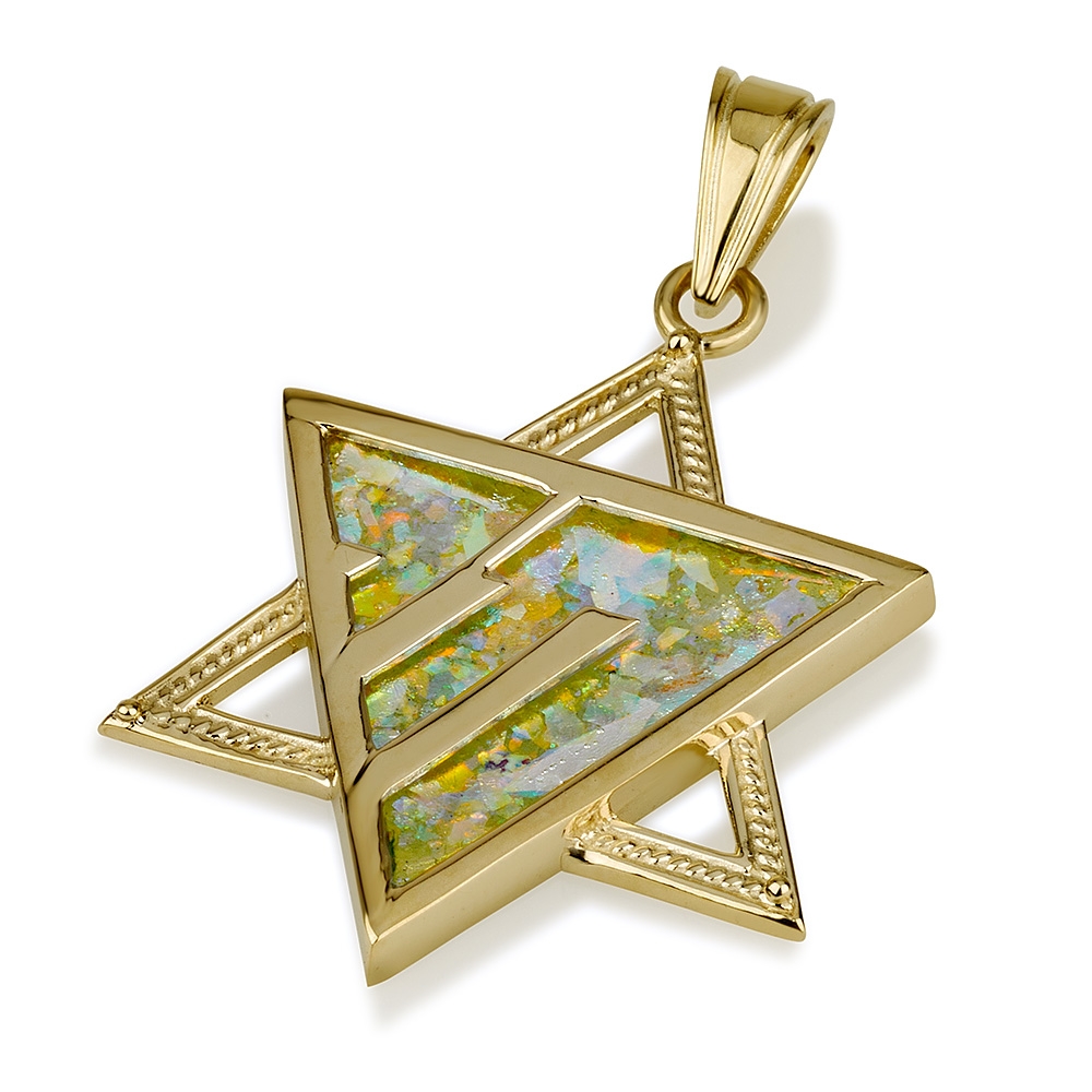 14K Gold and Roman Glass Chai Pendant with Star of David - 1