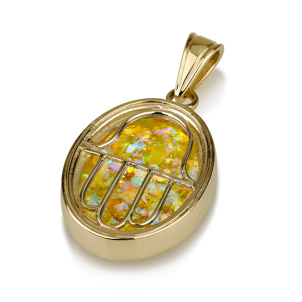 Elegant 14K Gold and Roman Glass Oval Hamsa Pendant - 1