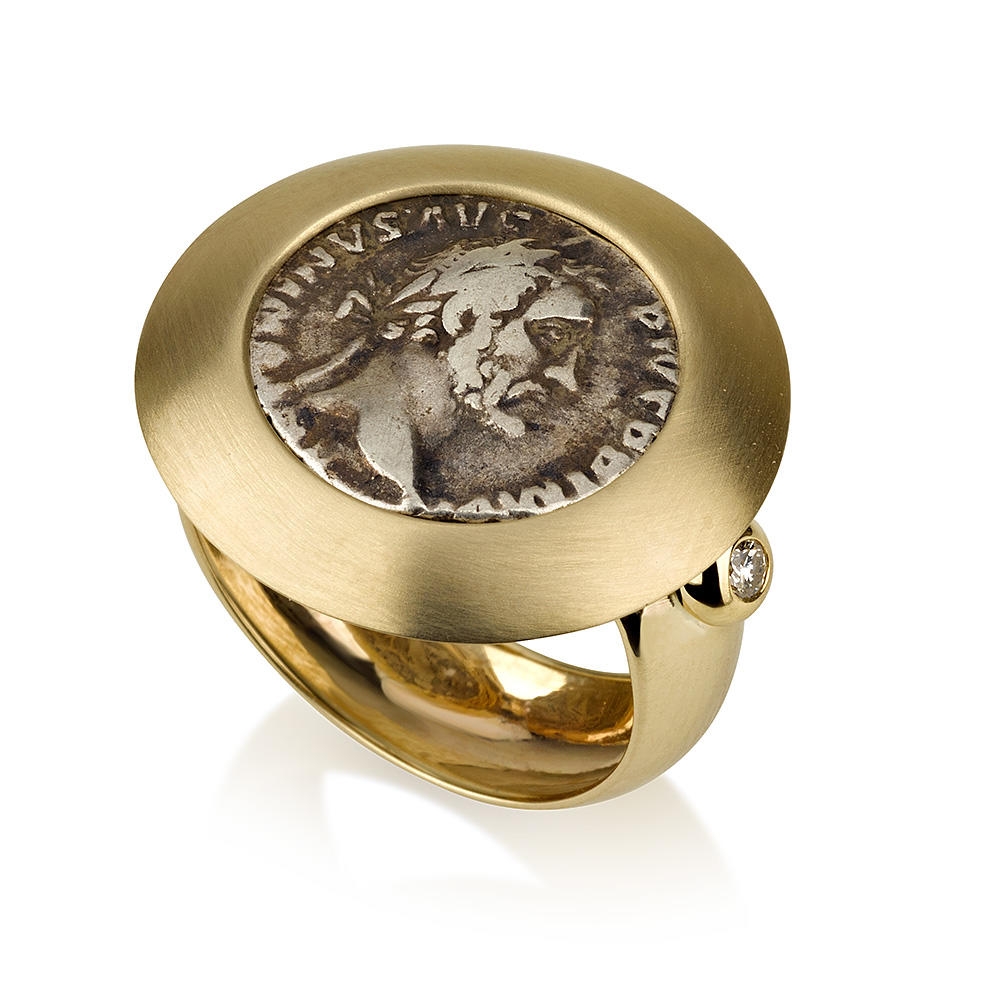 14K Yellow Gold Ring with Diamonds Ancient Roman Coin – Nero - 1