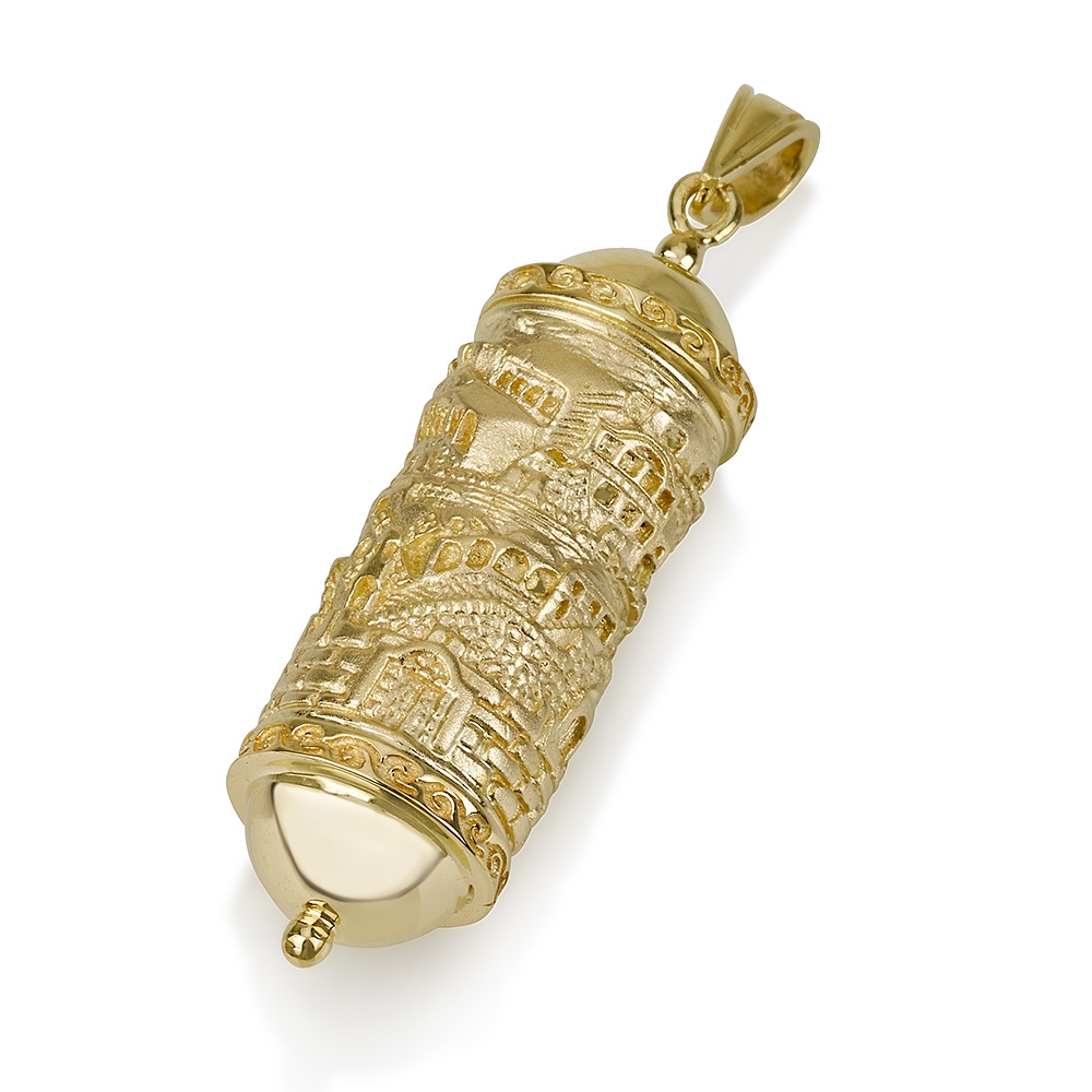 14K Yellow Gold Mezuzah Pendant with Engraved Jerusalem Relief  - 1