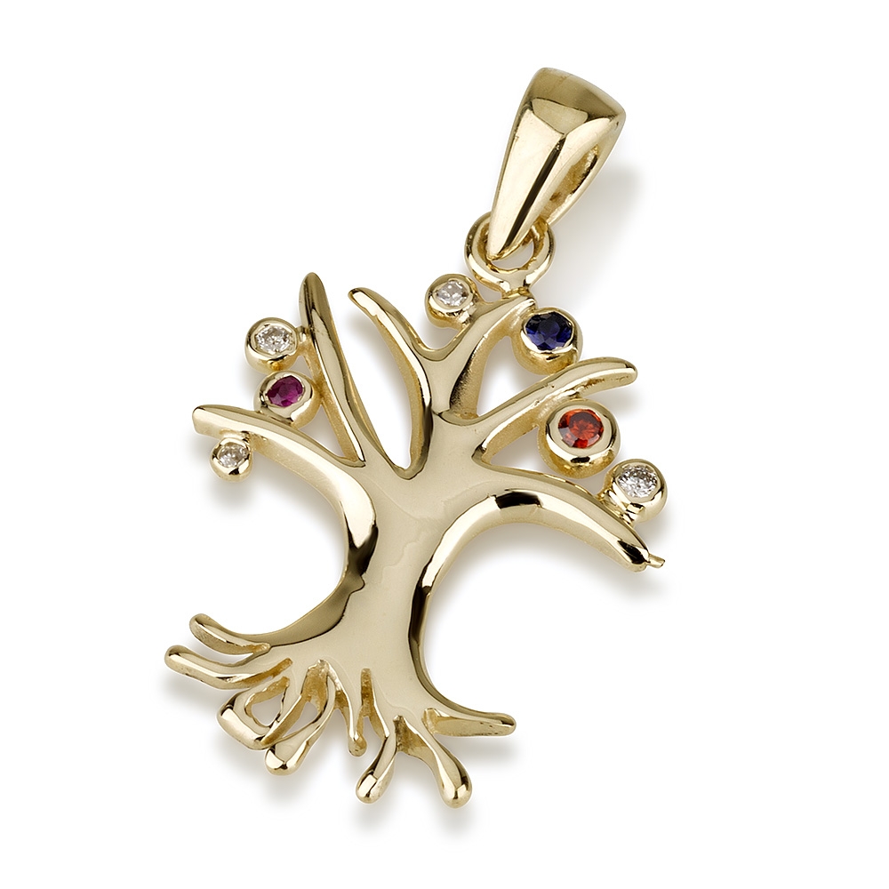 14K Yellow Gold Tree of Life Pendant with Diamond, Ruby and Sapphire Stones - 1
